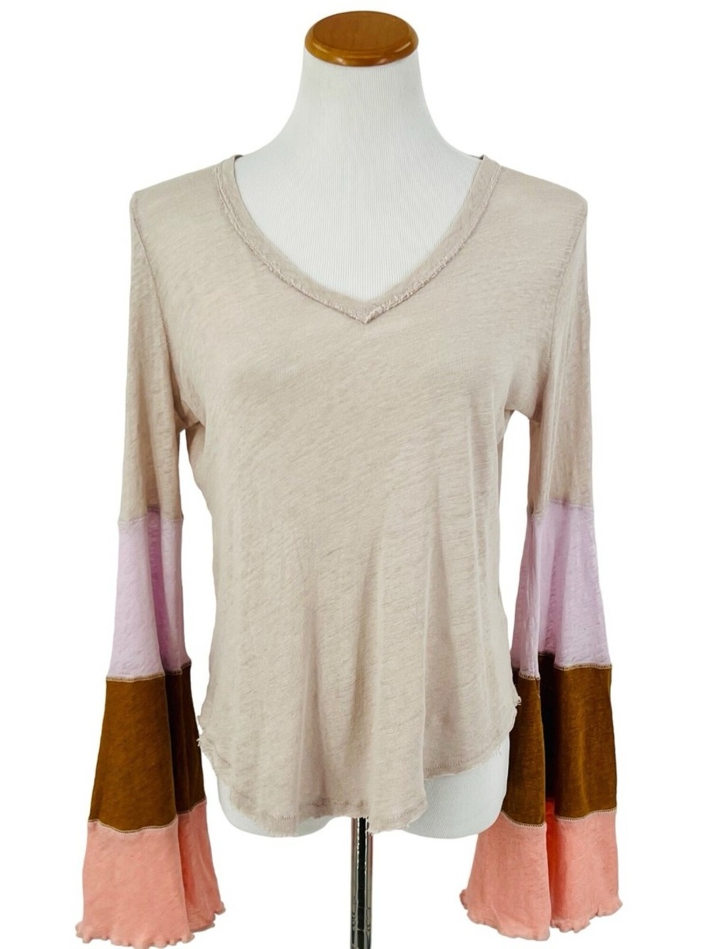 Free People Linen Oversized V-Neck Colorblock Bell Sleeve Top SZ M NWOT